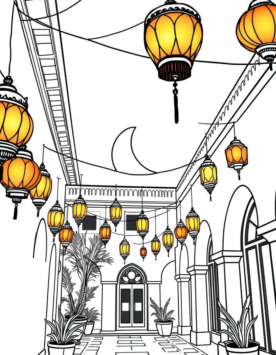 (Qatar) Colorful fanous lanterns hanging and lit for Ramadan evenings in a courtyard