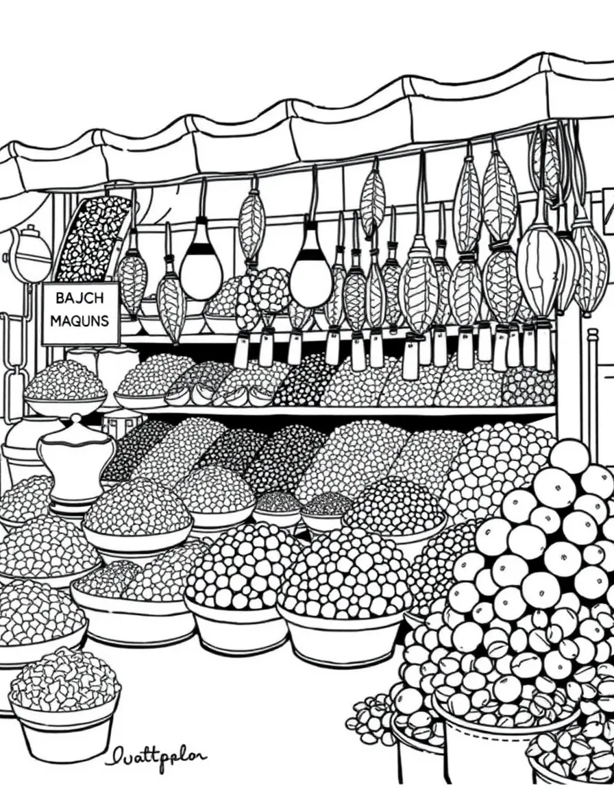 (Qatar) A market stall with heaps of spices, nuts, and dried limes at Doha’s Souq Waqif