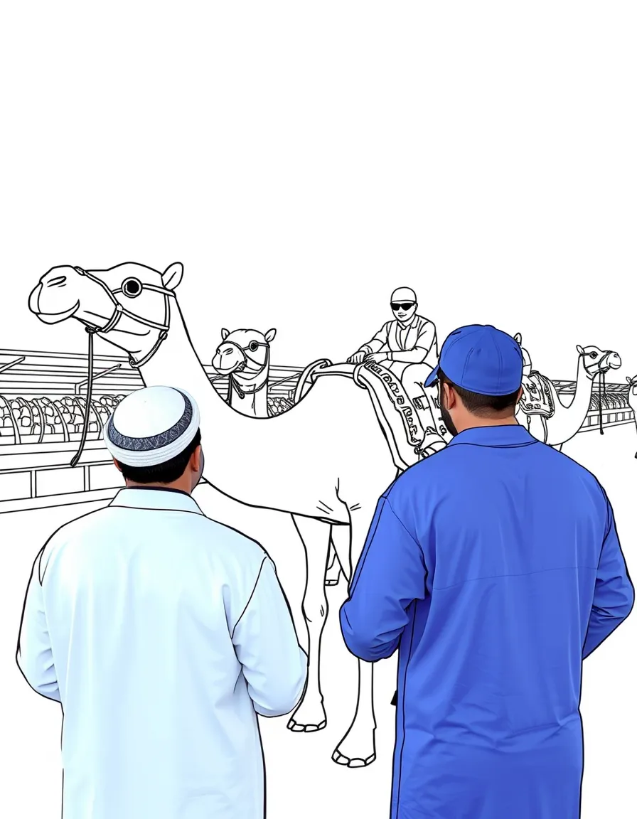 (Qatar) Men preparing to race camels with high-tech robot jockeys at the camel racetrack