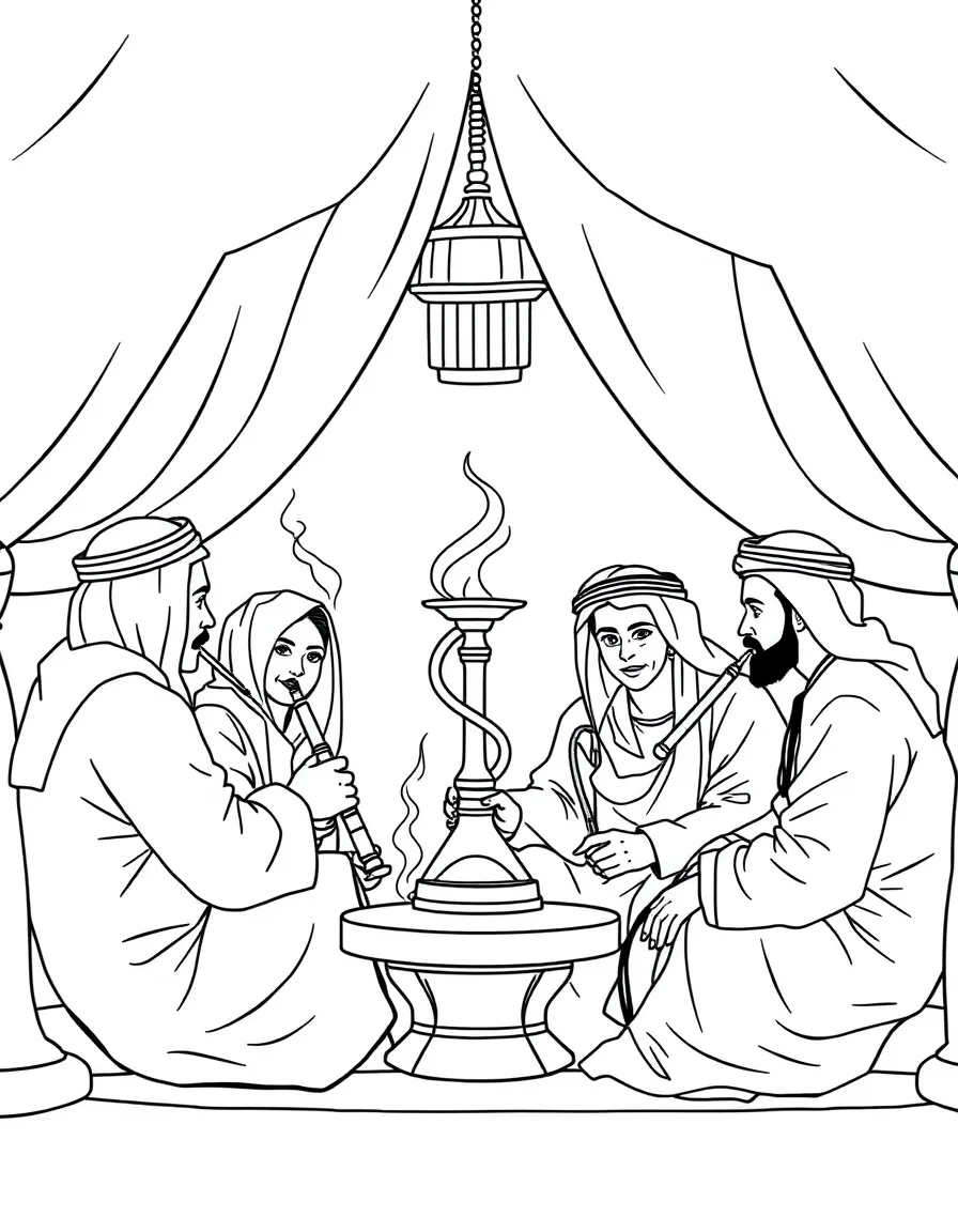 (Qatar) A group of friends smoking shisha (hookah) and relaxing in a traditional tent majlis