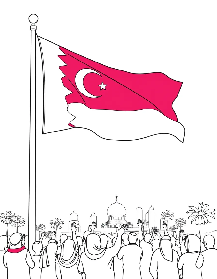 (Qatar) The Qatari flag (maroon and white) flying high on National Day, with people celebrating below