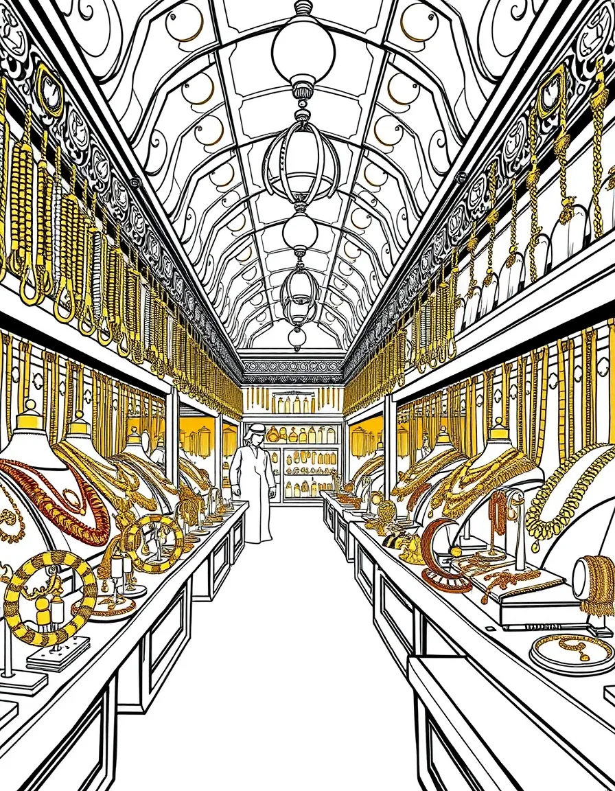 (Qatar) The inside of a gold souk shop, with gleaming gold jewelry and necklaces on display