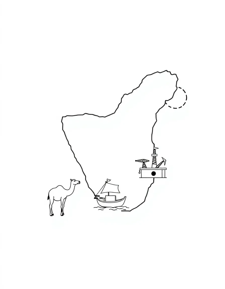 (Qatar) A map of Qatar with drawings of a camel, a dhow boat, and an oil rig (showing key things the country is known for)