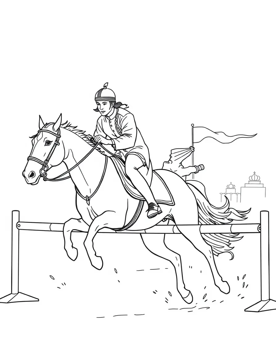 (Qatar) The Amir Sword equestrian festival with riders in traditional gear jumping hurdles on Arabian horses