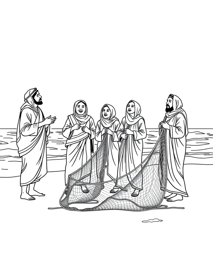 (Qatar) Villagers singing a traditional sea shanty as they pull in fishing nets on the beach