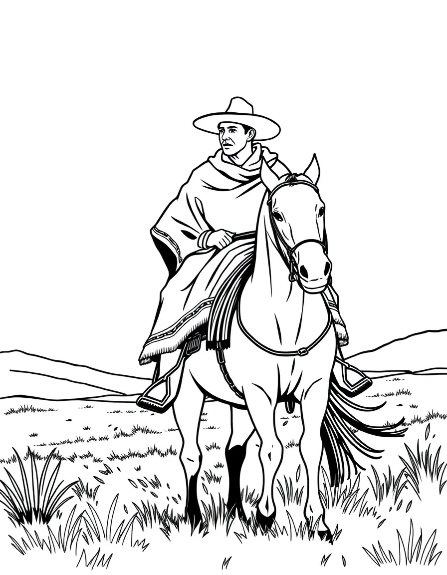 (Argentina) A gaucho (cowboy) riding a horse across the Pampas grasslands, wearing a poncho and hat.