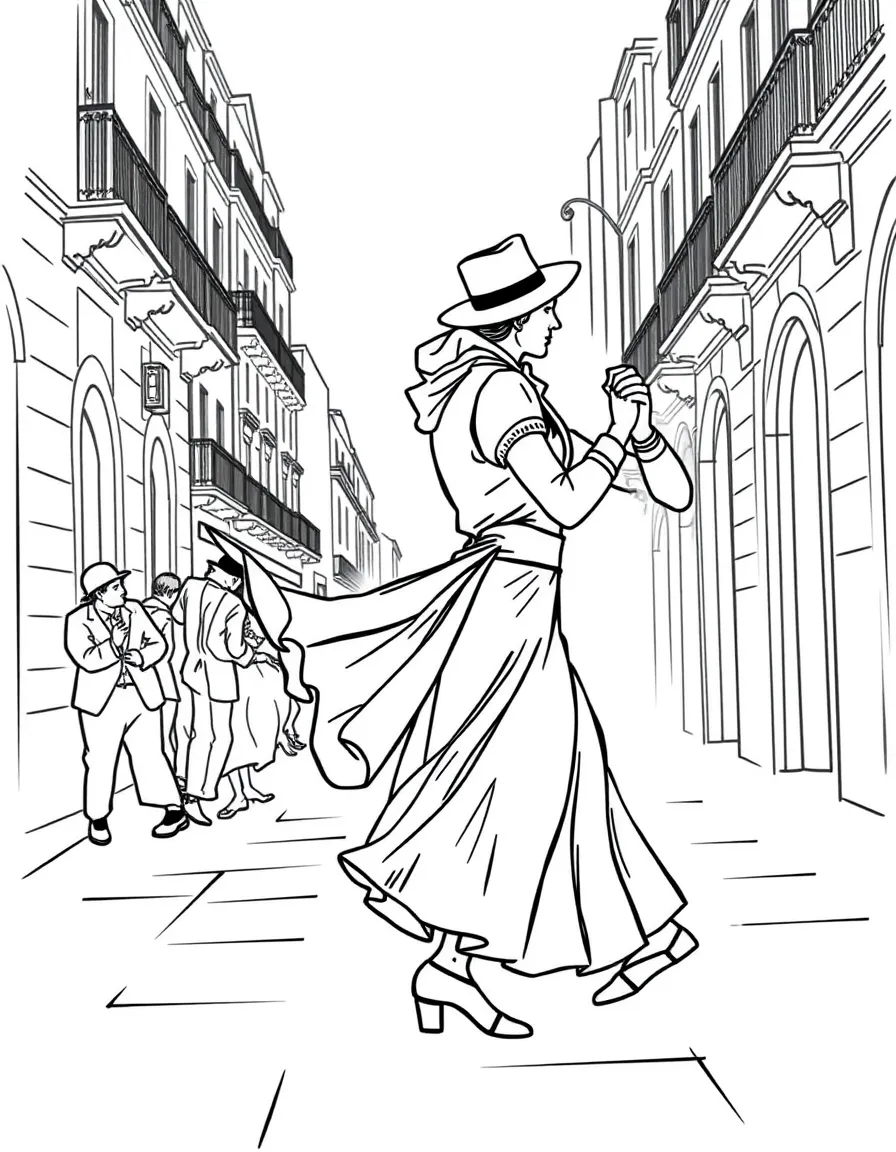 (Argentina) Two dancers performing the tango in traditional costume on a Buenos Aires street.