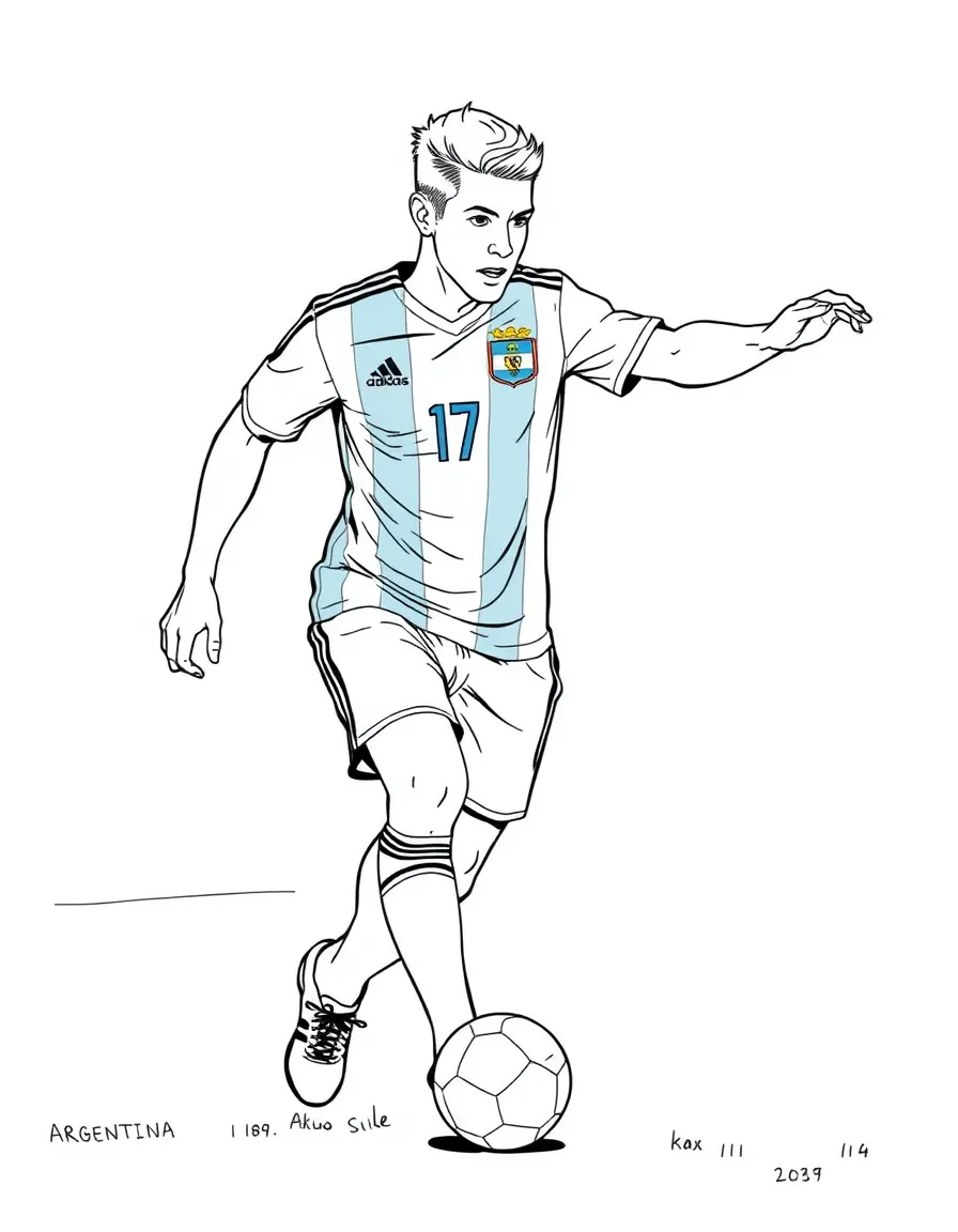 (Argentina) A soccer player wearing Argentina’s blue-and-white jersey and kicking a ball on a field.