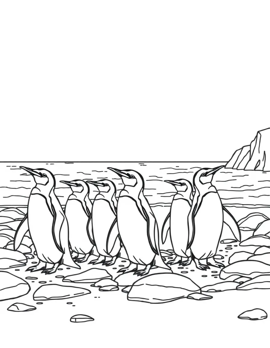 (Argentina) Penguins waddling on a rocky beach in Patagonia with the ocean in the background.