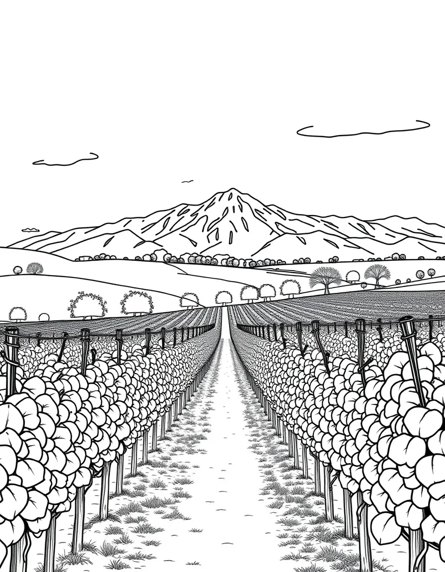 (Argentina) A vineyard in Mendoza with rows of grapevines and the Andes in the distance.