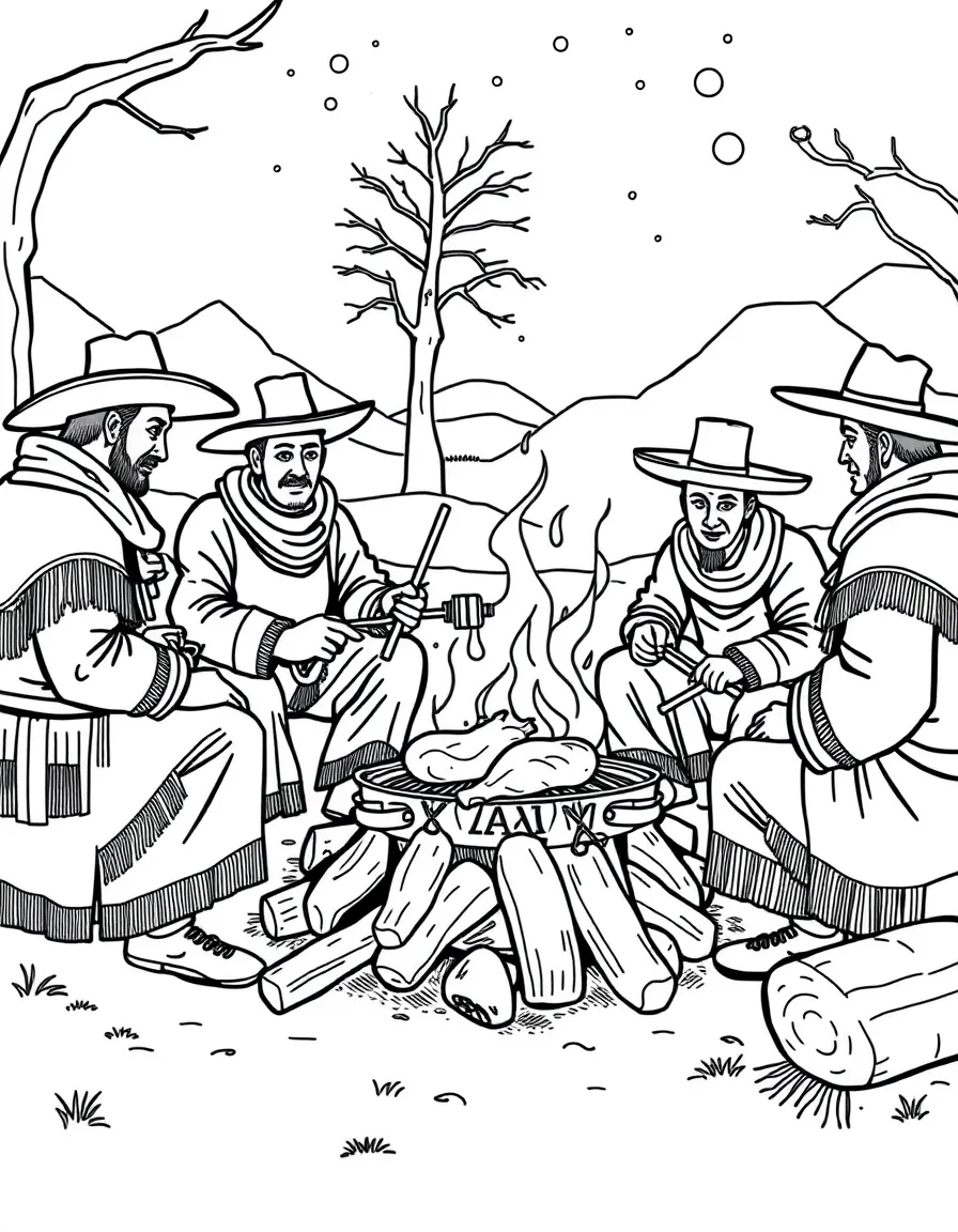 (Argentina) Gauchos gathered around a campfire having an asado (barbecue) with meat on a grill.