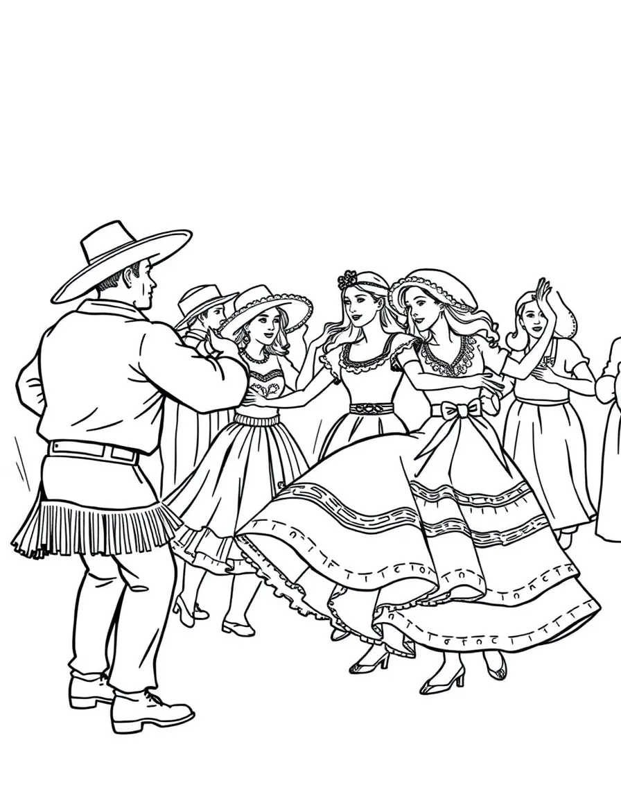 (Argentina) A festive folk dance with men in gaucho outfits and women in colorful dresses twirling.