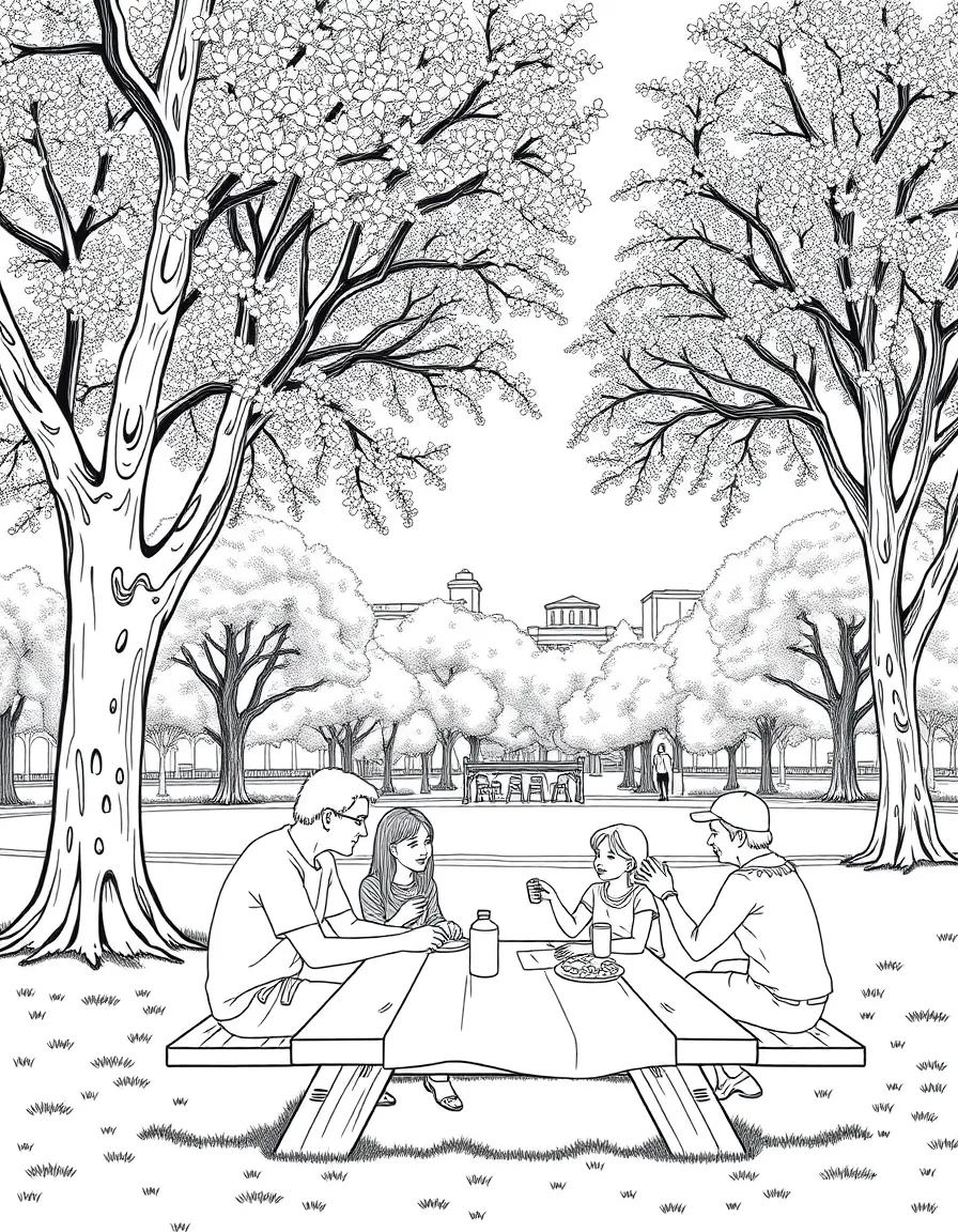 (Argentina) A family enjoying a picnic under blooming jacaranda trees in a city park.
