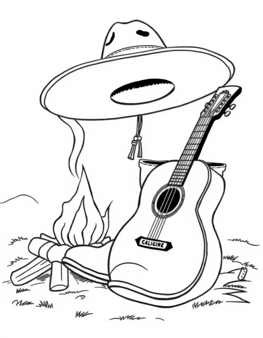 (Argentina) A gaucho’s gear: leather boots, a wide-brimmed hat, and a guitar resting by a campfire.