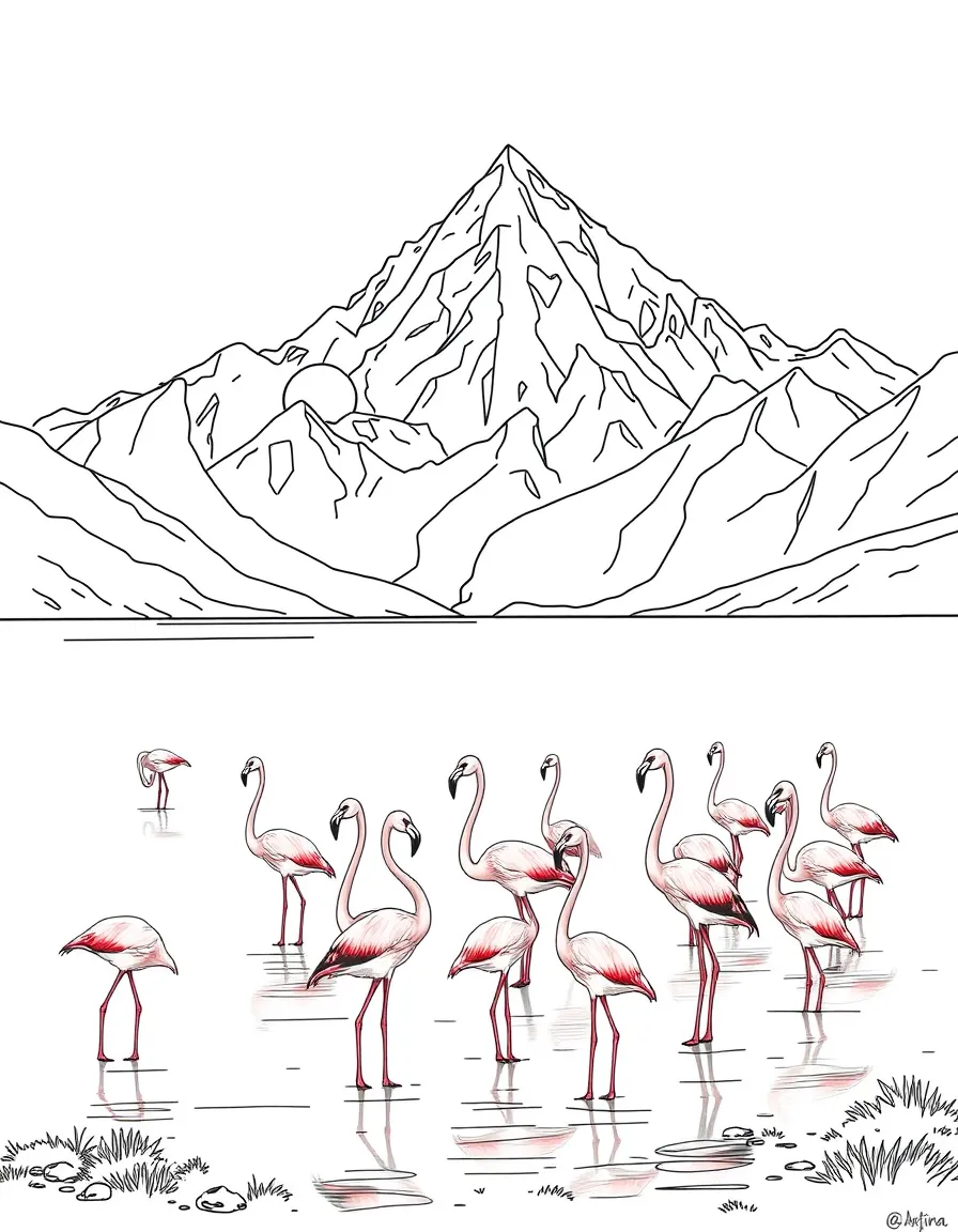 (Argentina) A flock of pink flamingos standing in a shallow lake high in the Andes of Argentina.