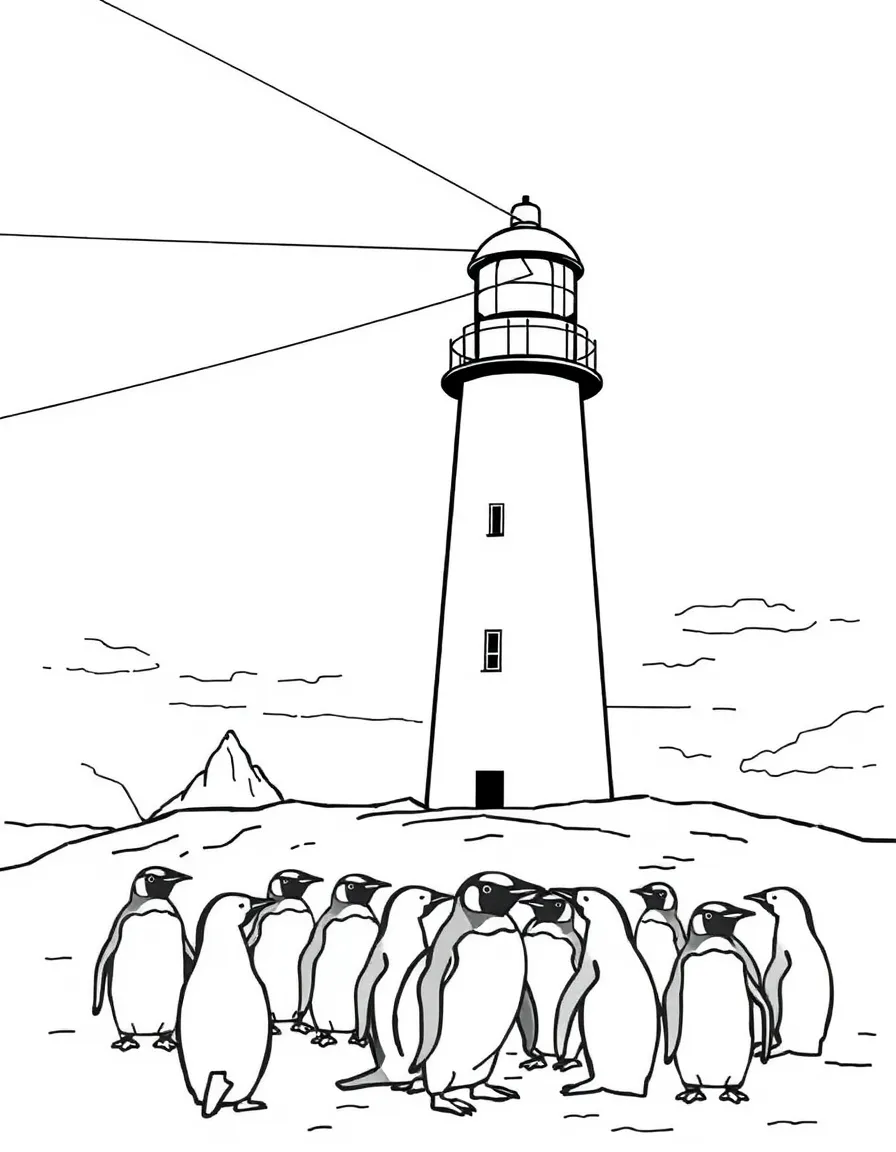 (Argentina) A lighthouse at the "End of the World" in Ushuaia with penguins gathered nearby.