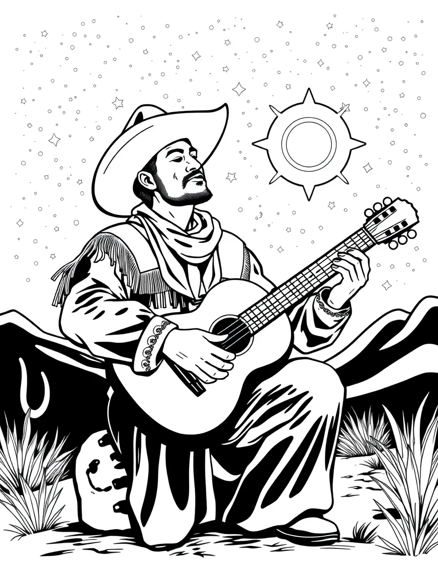 (Argentina) An Argentine cowboy (gaucho) playing a guitar and singing under a starry sky.