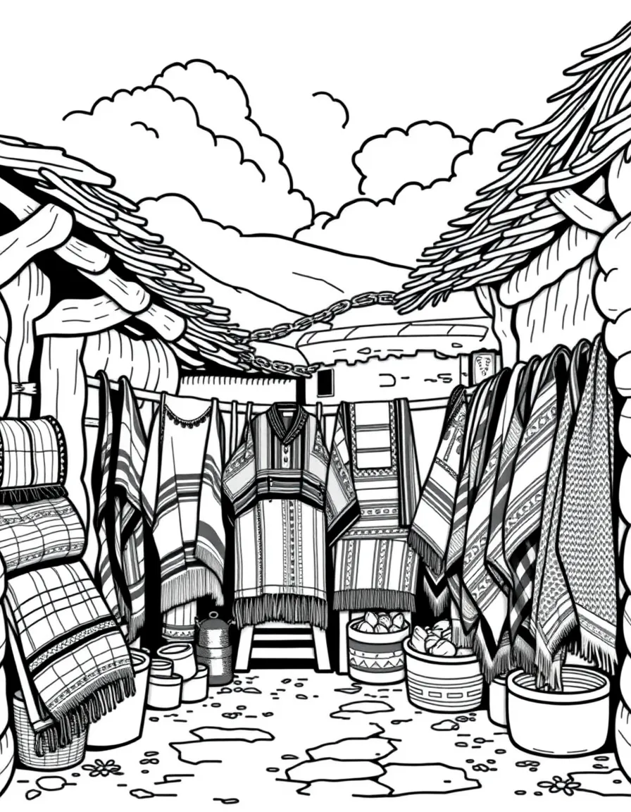 (Argentina) A market stall selling colorful woven ponchos and blankets in a village.