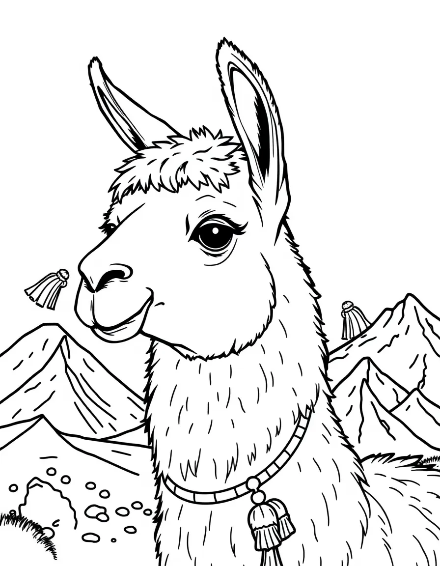 (Argentina) A llama decorated with bright woven ribbons and tassels on its ears in the mountains.