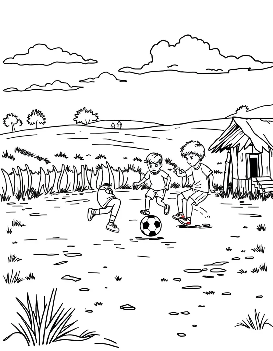 (Argentina) Children playing football (soccer) on a dirt field in an Argentine village.