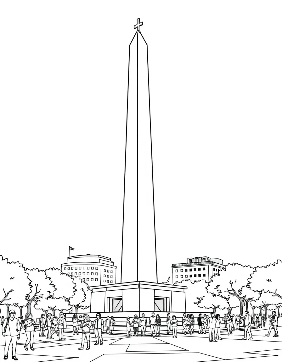 (Argentina) The Obelisk of Buenos Aires standing tall in the city center with people around.