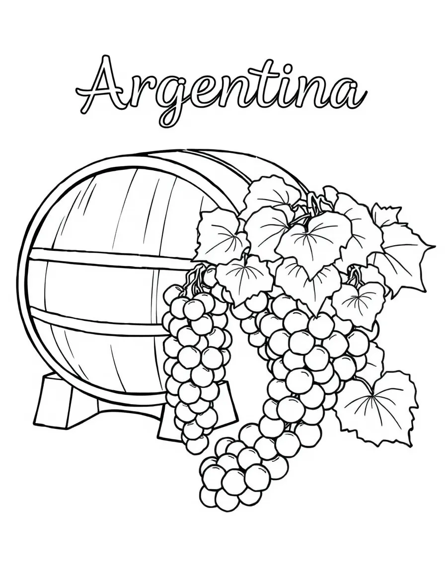 (Argentina) Grapes and a wine barrel celebrating Argentina’s famous Mendoza wine country.