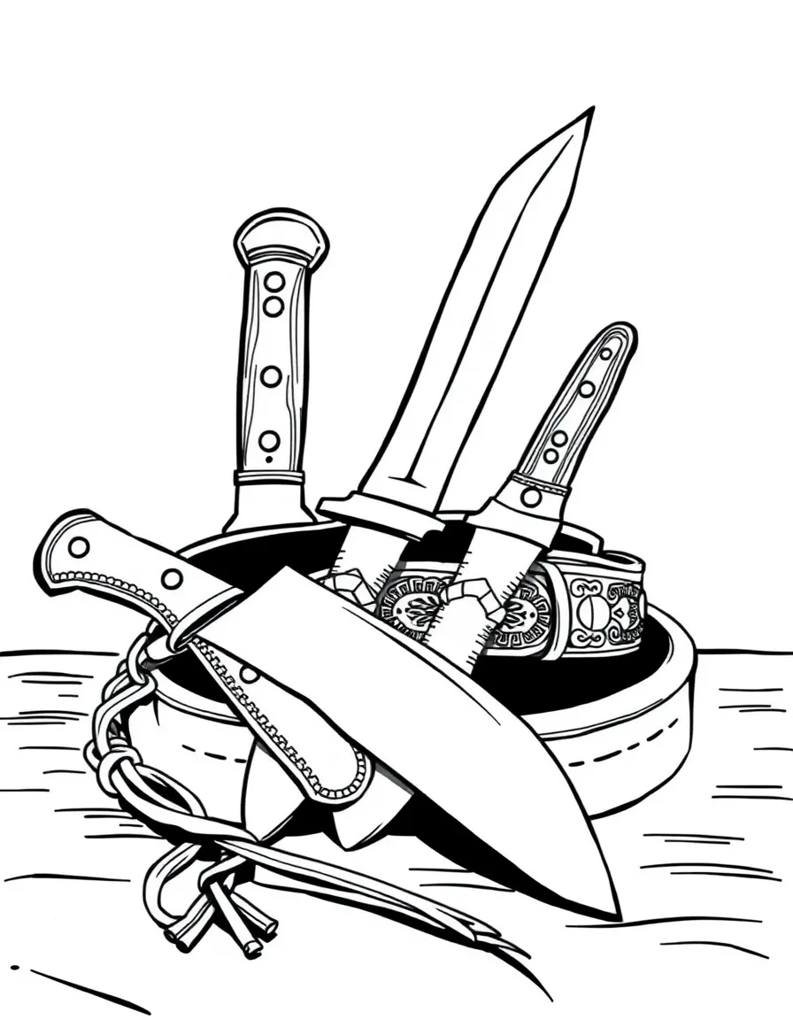 (Argentina) Traditional gaucho knives and a silver belt (facón and rastra) displayed on a table.
