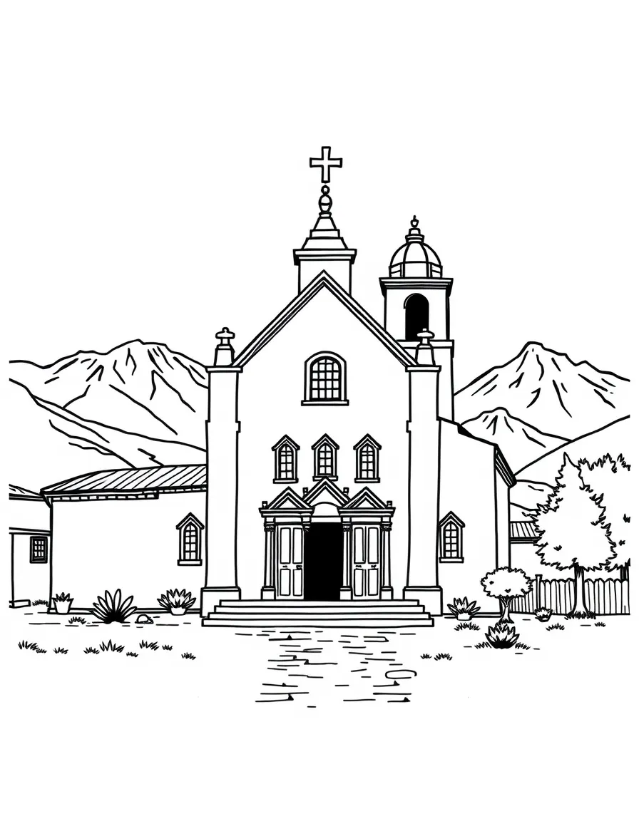 (Argentina) A colonial-style white church in a small town with the Andes in the background.