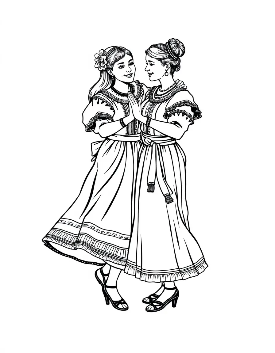 (Argentina) A mother and daughter in traditional dress dancing a folklore dance together.