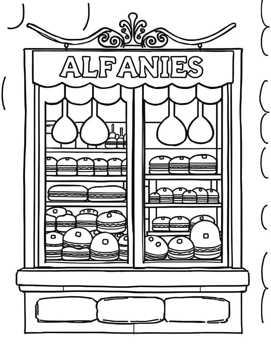 (Argentina) A bakery shop window showing sweets like alfajores (cookie sandwiches) and pastries.