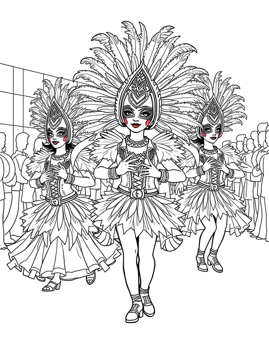 (Argentina) Dancers in feathered Carnival costumes parading with music in an Argentine festival.