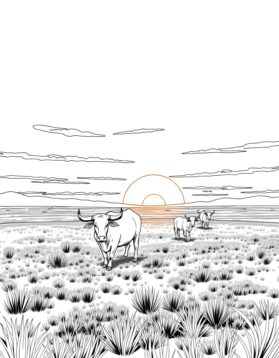 (Argentina) Cattle grazing on the wide Pampas plains under a big open sky at sunset.