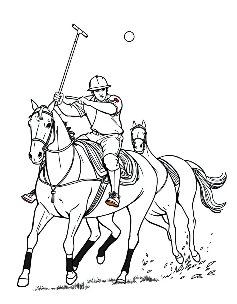 (Argentina) Two polo players on horseback in Argentina, swinging mallets to hit a ball.