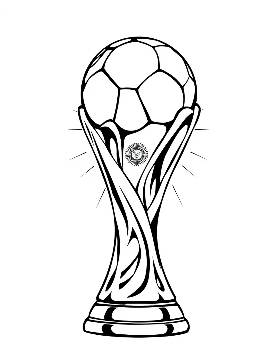 (Argentina) A shiny World Cup soccer trophy with Argentina’s flag colors decorating the background.