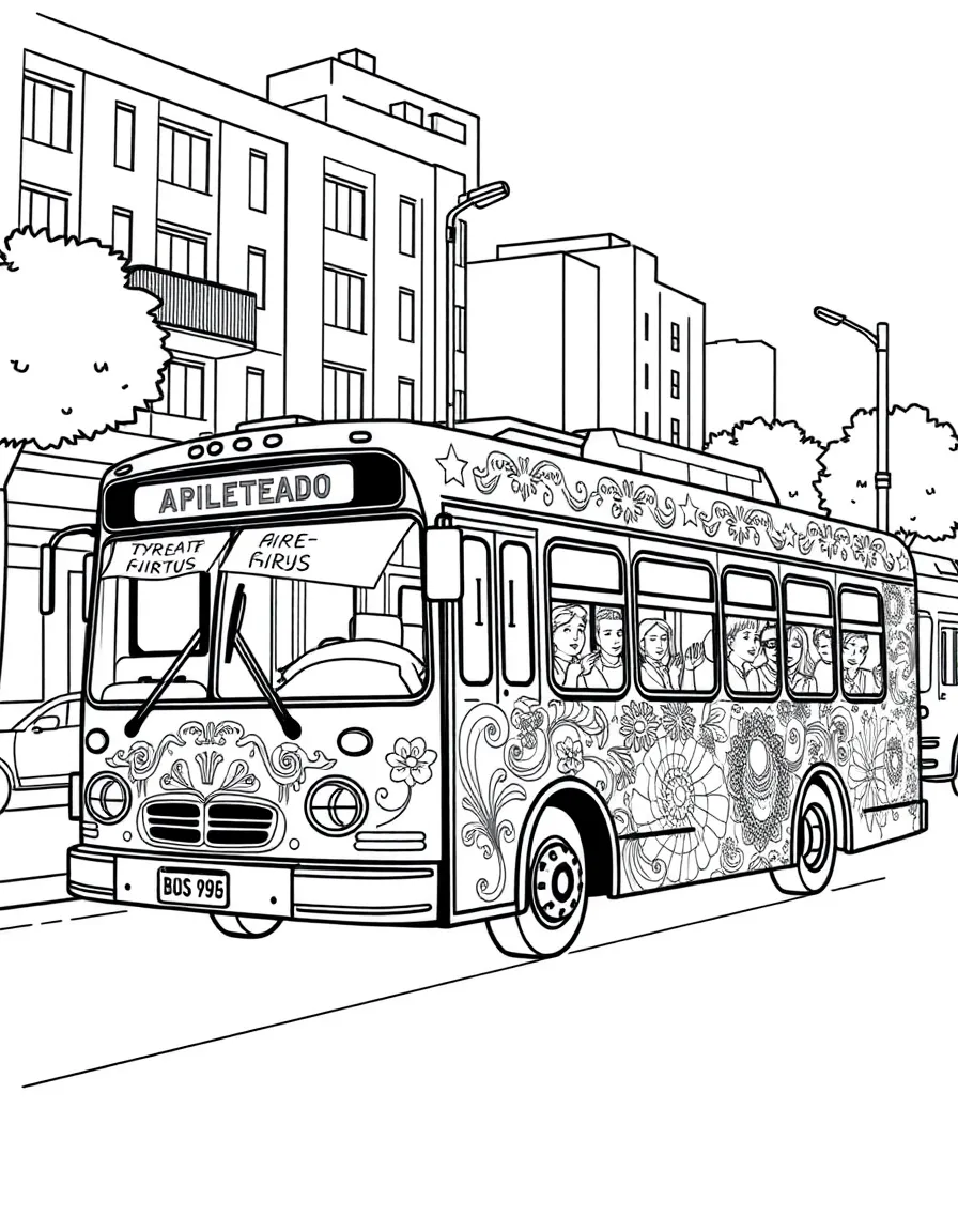 (Argentina) A city bus in Buenos Aires painted with bright "fileteado" decorative designs.