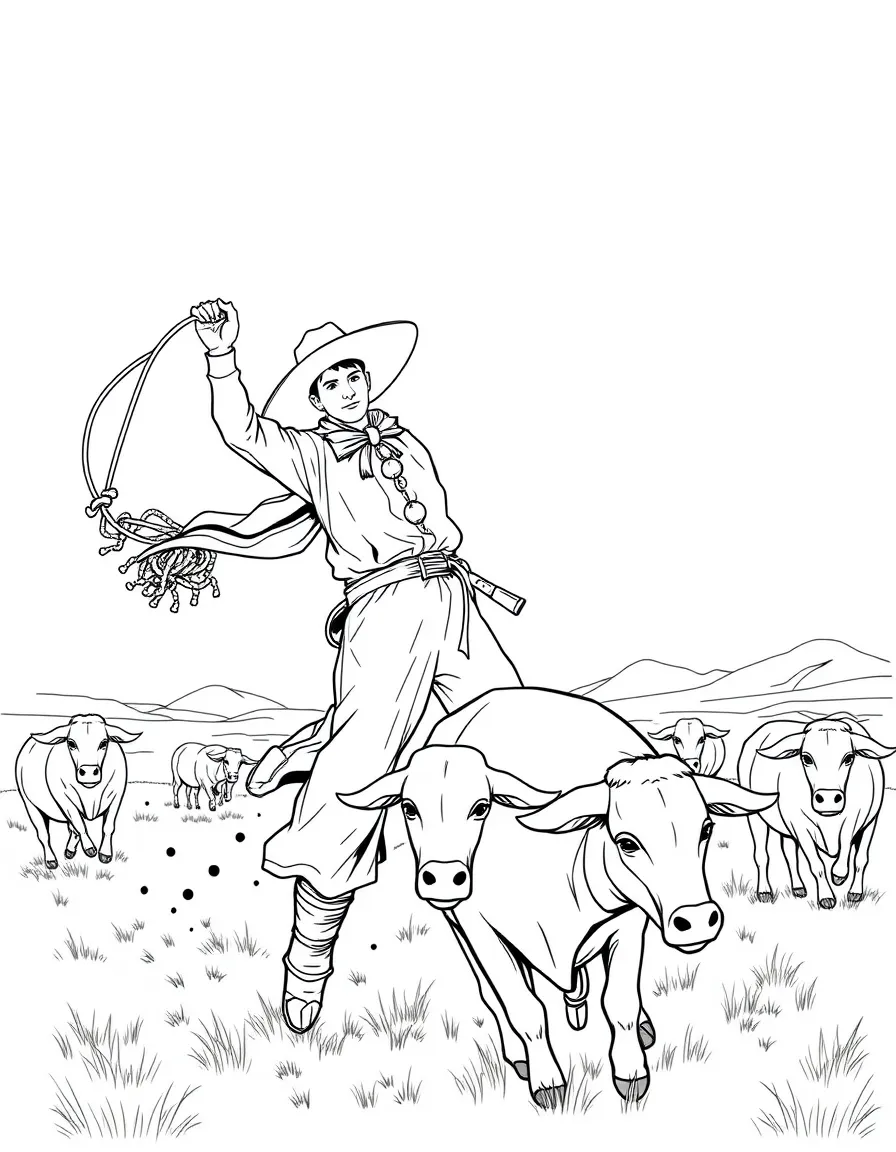 (Argentina) A gaucho swinging boleadoras (rope bolas) to catch running cattle on the range.