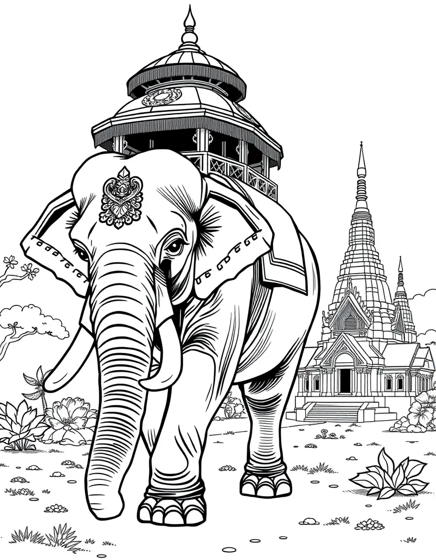(Thailand) An elephant with a decorative howdah (seat) on its back, walking near an ancient temple.