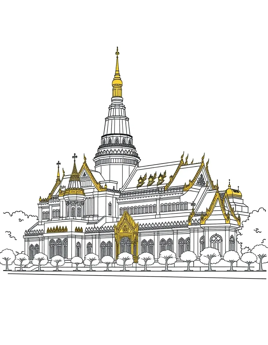 (Thailand) Bangkok’s Grand Palace with its golden spires and ornate royal buildings.