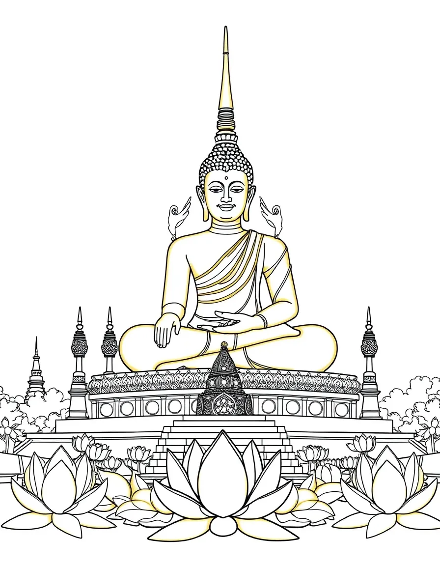 (Thailand) A large golden Buddha statue sitting peacefully at a Thai temple with lotus flowers around.