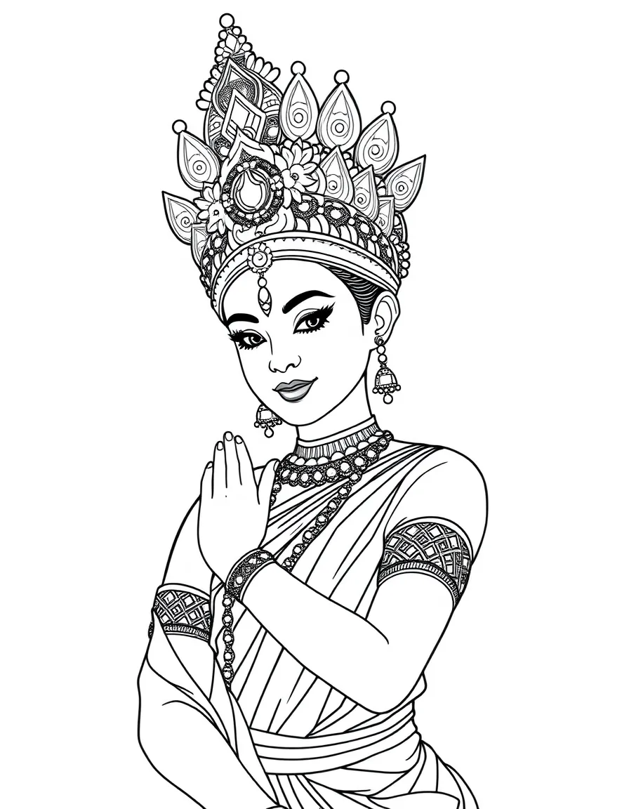 (Thailand) A Thai classical dancer wearing a glittering crown headdress and traditional silk costume.