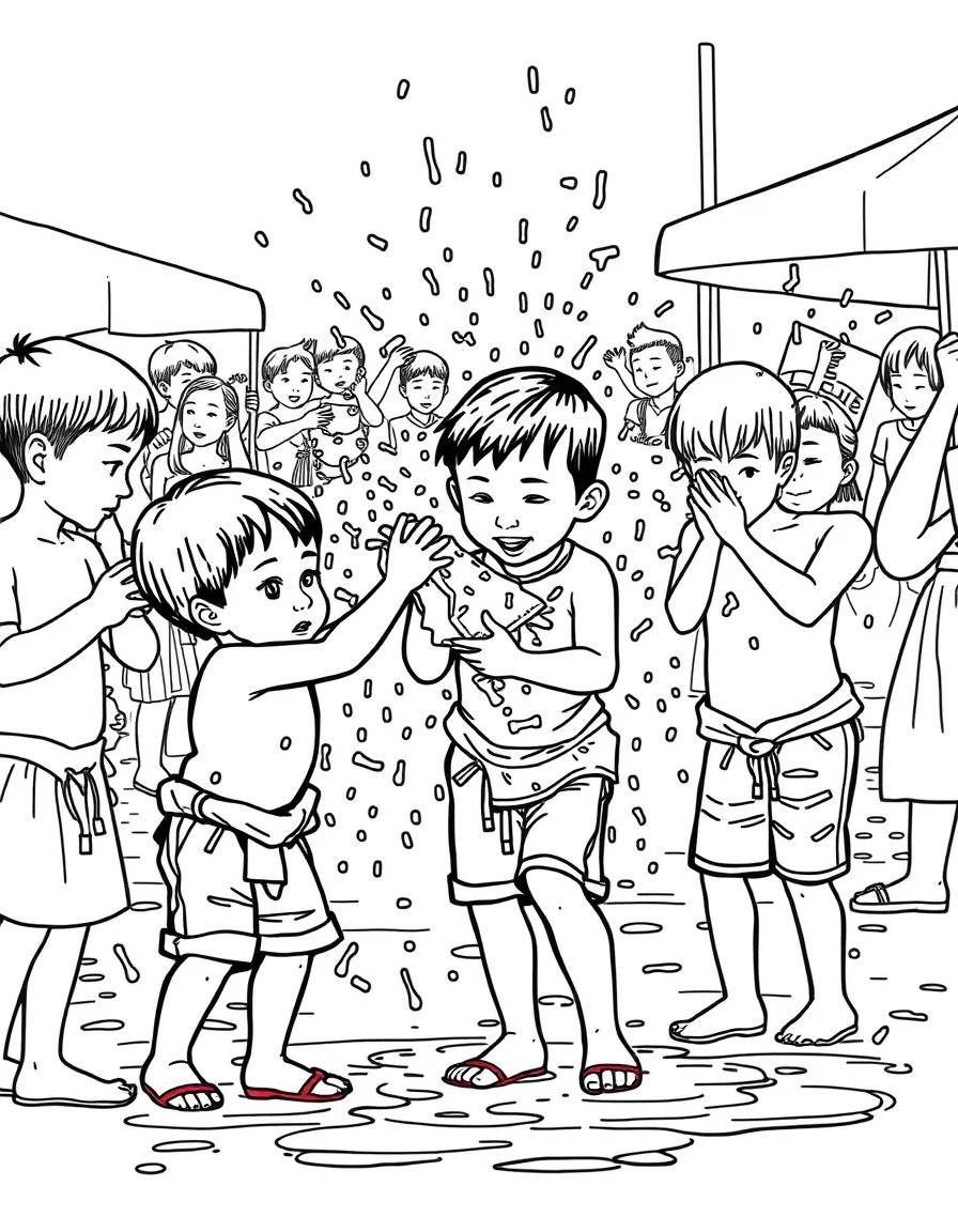 (Thailand) Children splashing water on each other during Songkran, the Thai New Year water festival.