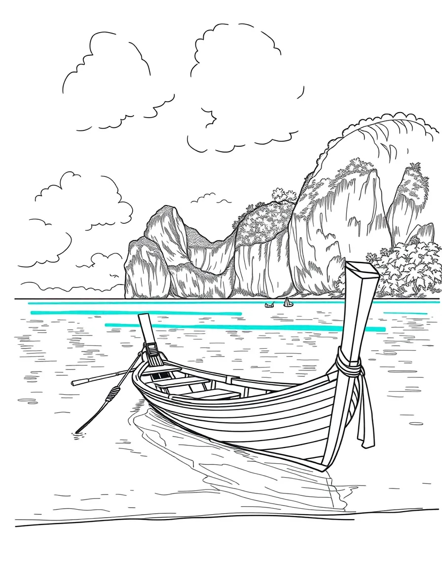 (Thailand) A longtail boat floating on clear turquoise water by a tropical beach and limestone cliffs.
