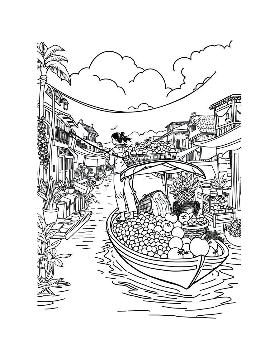 (Thailand) A busy floating market boat filled with fruits and vegetables on a canal.