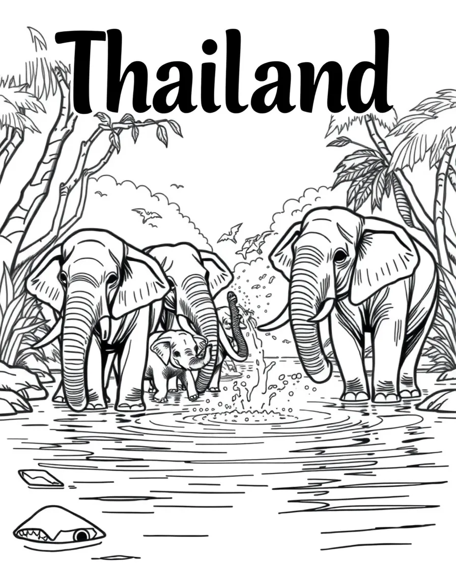 (Thailand) A family of elephants bathing and spraying water in a jungle river.