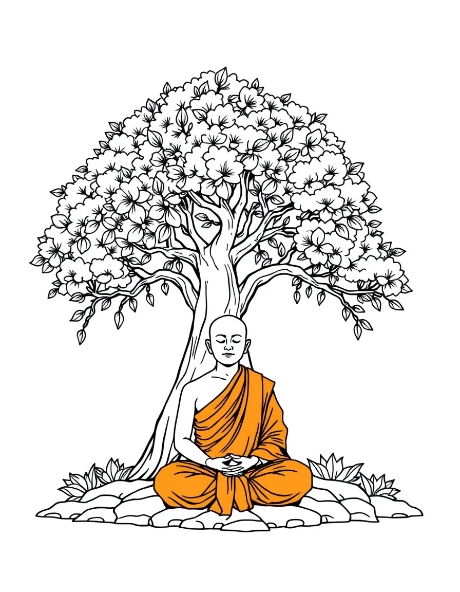 (Thailand) A Buddhist monk in orange robes meditating quietly under a Bodhi tree.