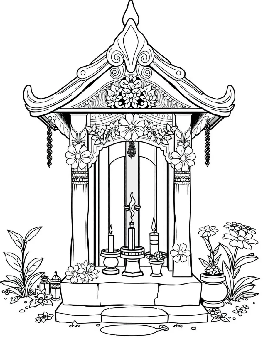 (Thailand) A small spirit house shrine decorated with flowers and incense outside a Thai home.