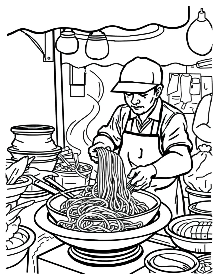 (Thailand) A street food vendor cooking pad Thai noodles in a hot wok at a market stall.