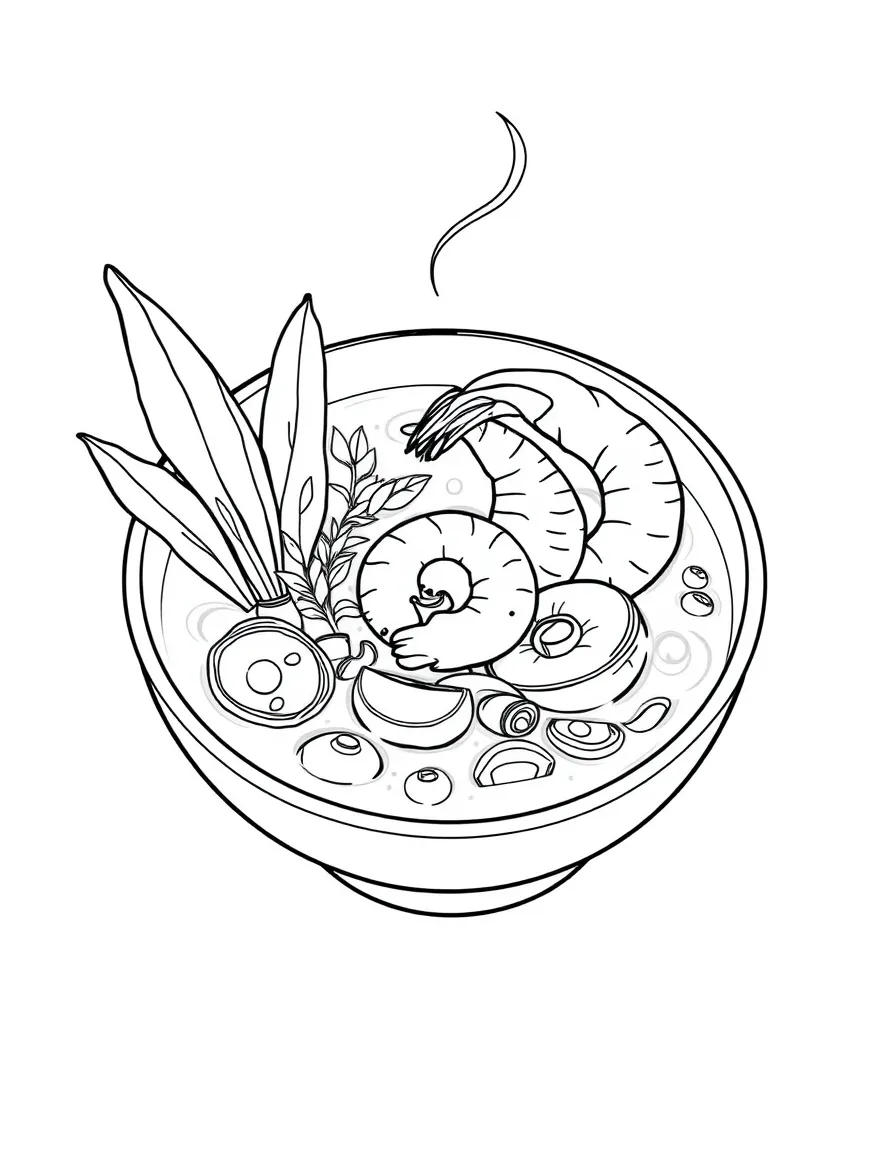 (Thailand) A bowl of spicy Tom Yum soup with shrimp, mushrooms, and lemongrass.