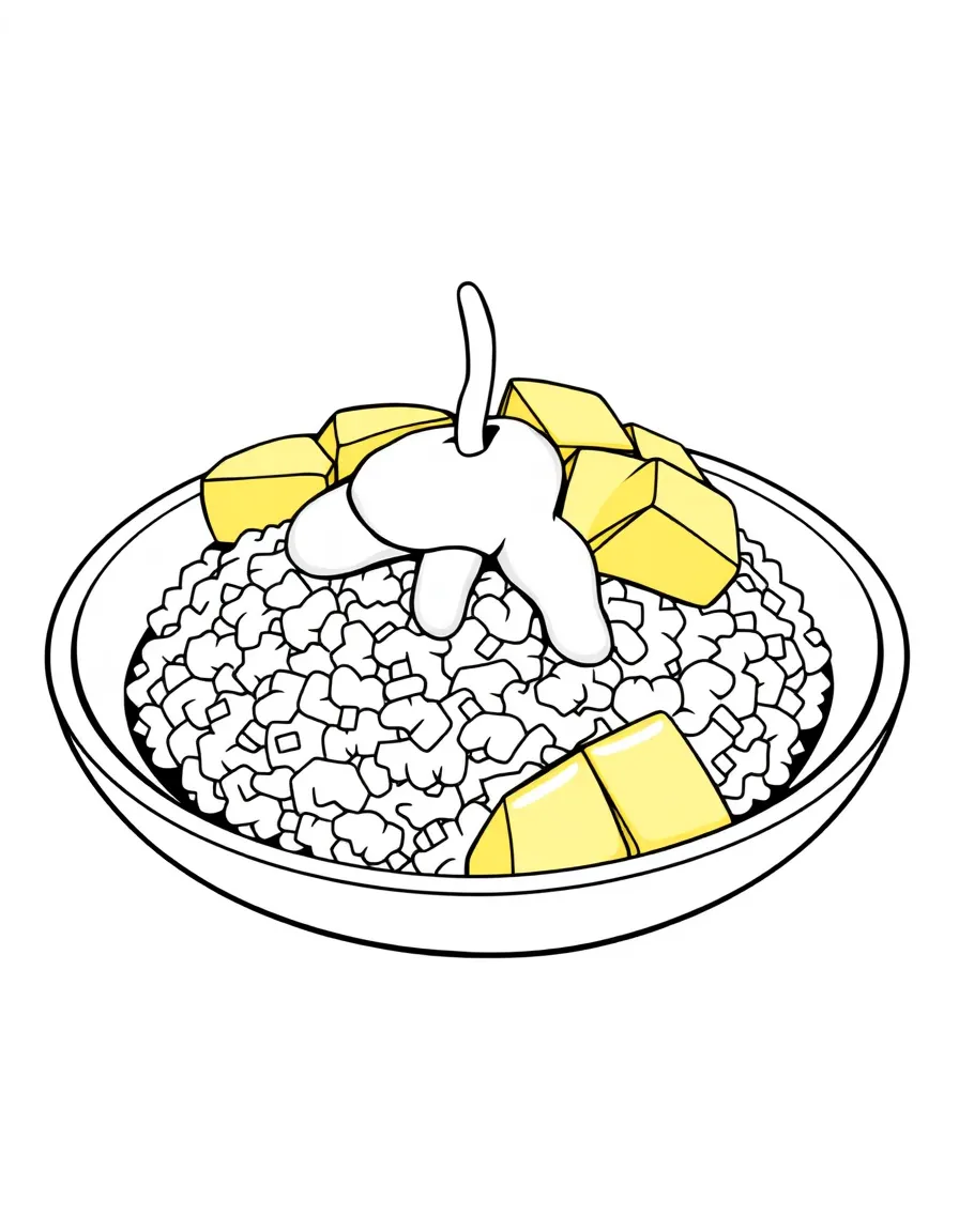 (Thailand) A plate of sweet mango sticky rice dessert with coconut milk on top.