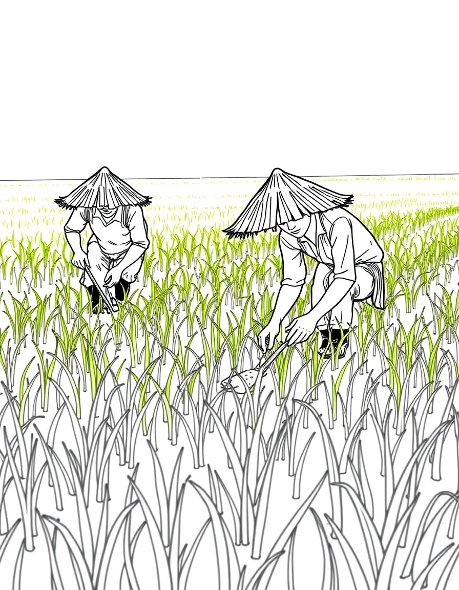 (Thailand) Farmers wearing straw hats planting rice seedlings in a bright green paddy field.